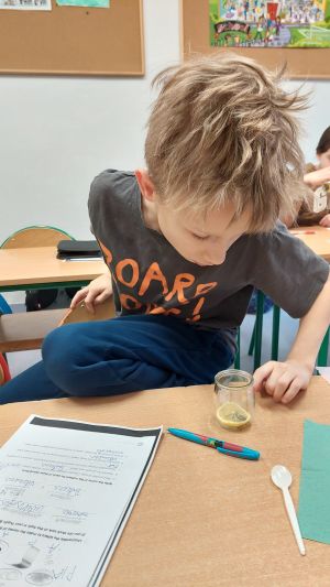 Uczniowie siędzą w ławkach i wykonują eksperymenty